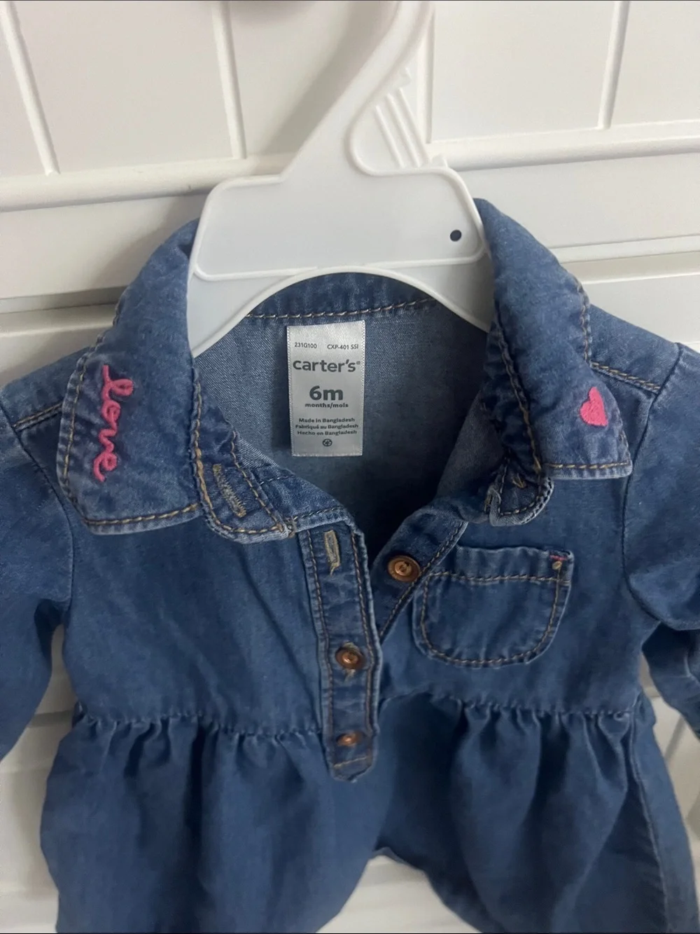 Carter's Baby Girl Denim Shirt Dress 6M Long Sleeve Pink Heart Embroidered